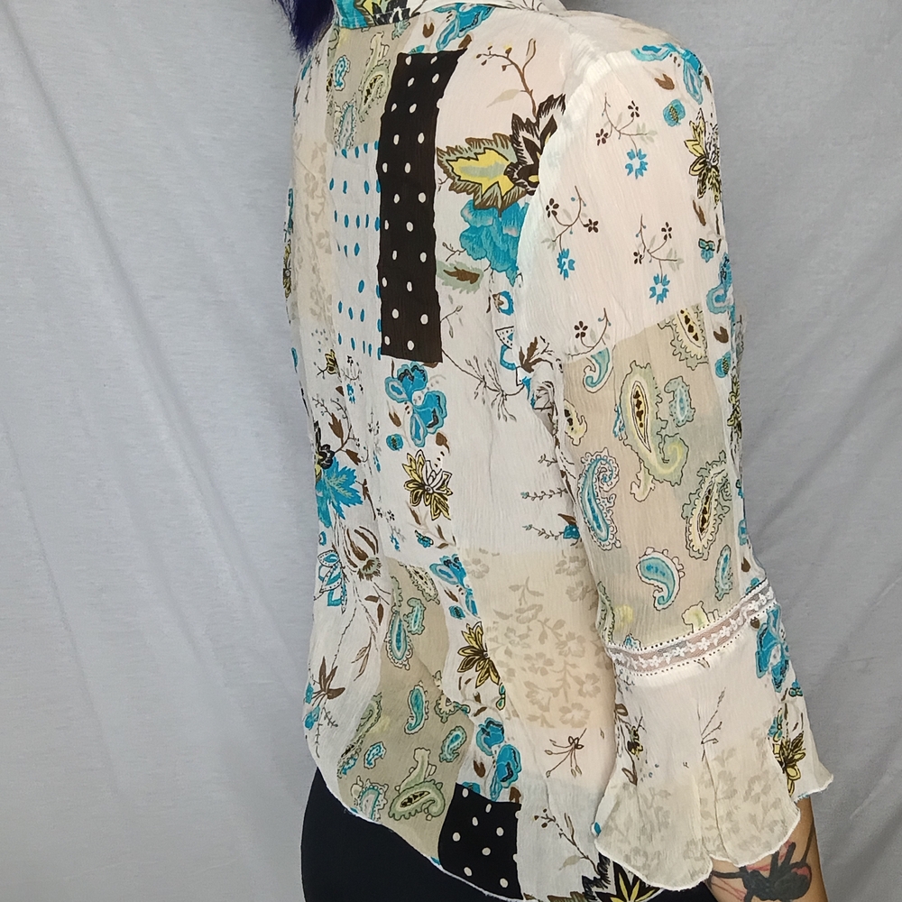 Floral Patchwork Blouse with Blue Accents
